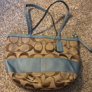 Coach Tan and Blue Signature Tote Bag